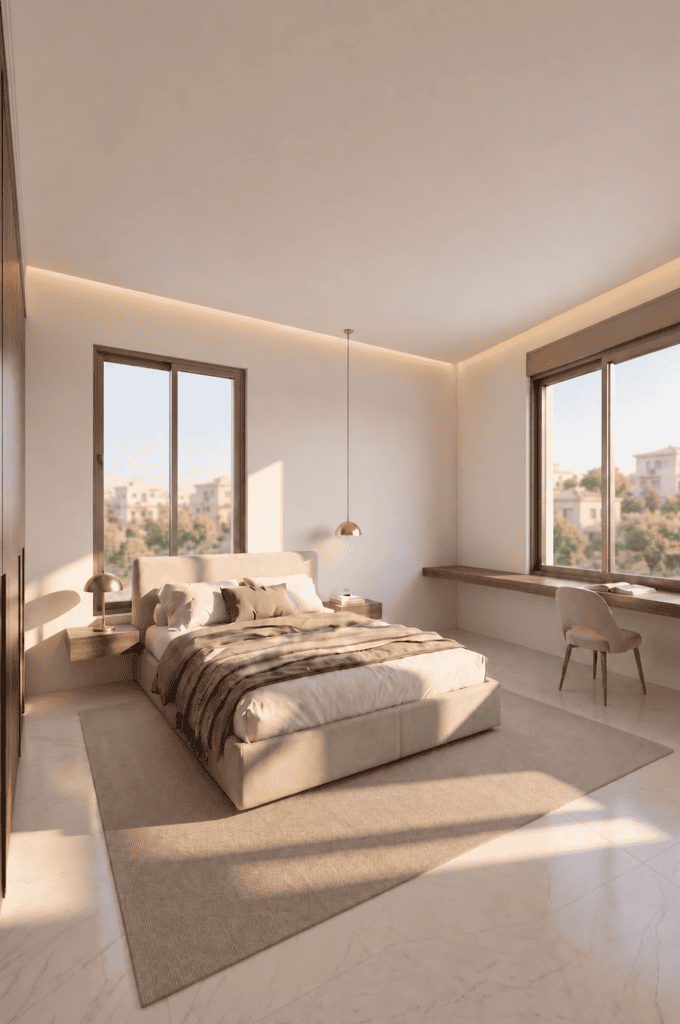 הדמיית חדר שינה עם חלונות בשני קירות בפרויקט החי״ל 10