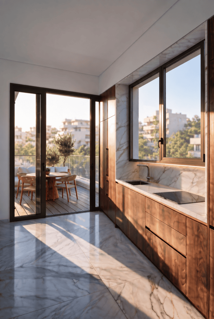 הדמיית מטבח עם חלון רחב ויציאה למרפסת בפרויקט החי״ל 10